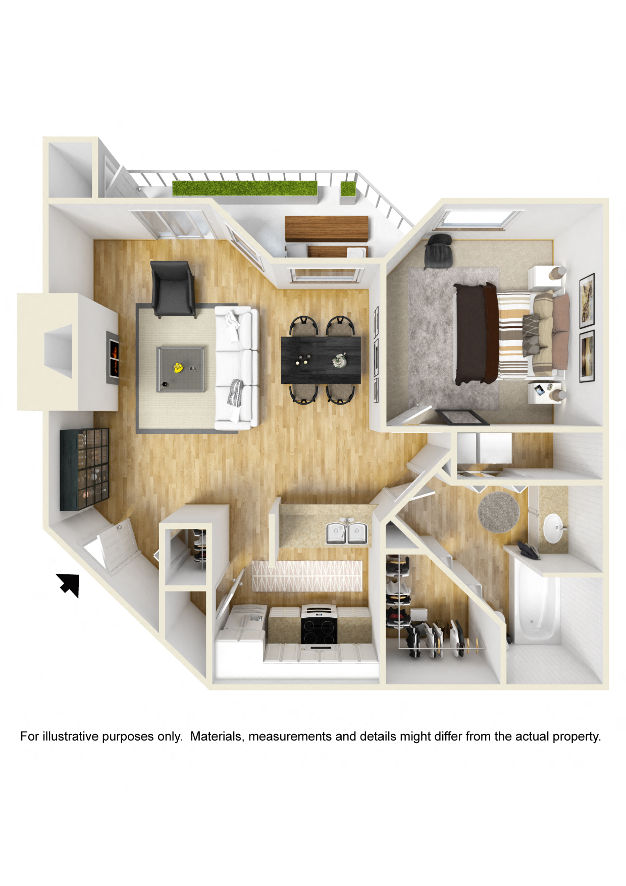 Floor plan for 1 bed, 1 bath, 720 sqft
